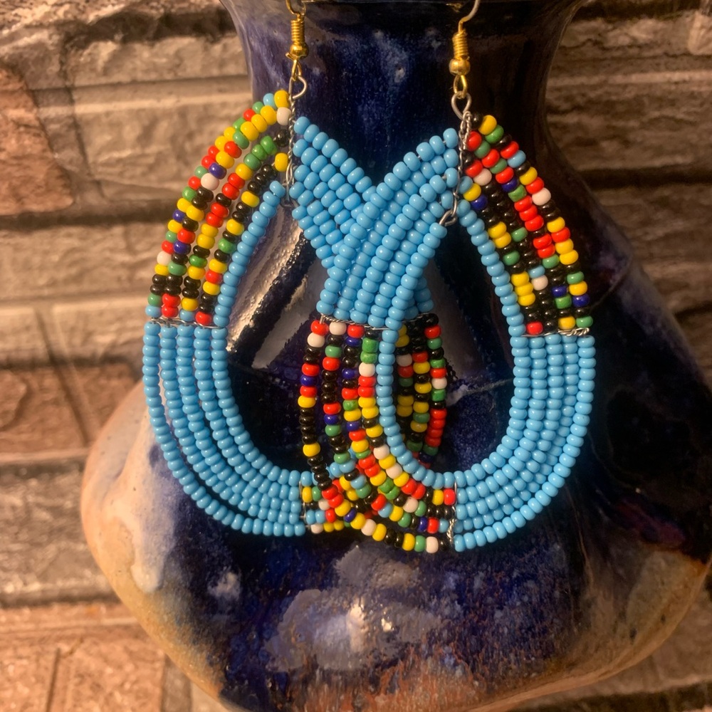 Handmade Maasai Beaded Oval Dangle Earrings From Kenya